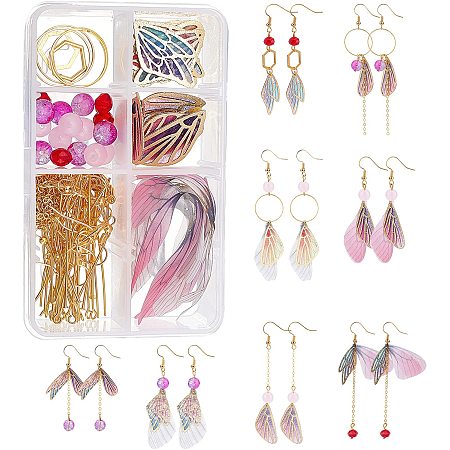 SUNNYCLUE 1 Box DIY Make 8 Pairs Butterfly Wings Earring Making Kit Including Wings Charms Dragonfly Fabric Wing Pendants Glass Beads Earring Findings for Women Earring Jewellery Making Adults