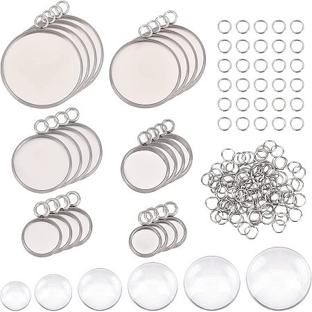 UNICRAFTALE About 60pcs Flat Round Pendant Trays Bezel with Glass Cabochon Pendant Trays Kit Stainless Steel Bezel Trays with Jump Rings for DIY Jewelry Making 6/8/10/14/16/18mm