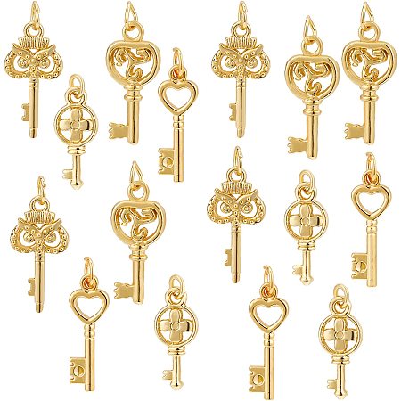 BENECREAT 32Pcs 4Style 18K Gold Plated Keys heart owl shape with Jump Ring Alloy Pendants for DIY Jewelry Making