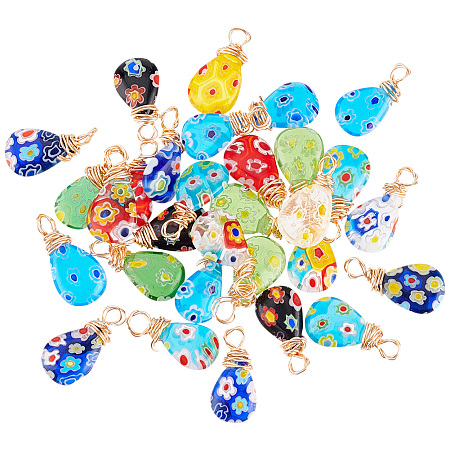 PandaHall Elite 30Pcs Handmade Millefiori Glass Pendants, with Eco-Friendly Copper Wire Wrapped, Teardrop, Mixed Color, 17x7~8x3.5mm, Hole: 2.5mm