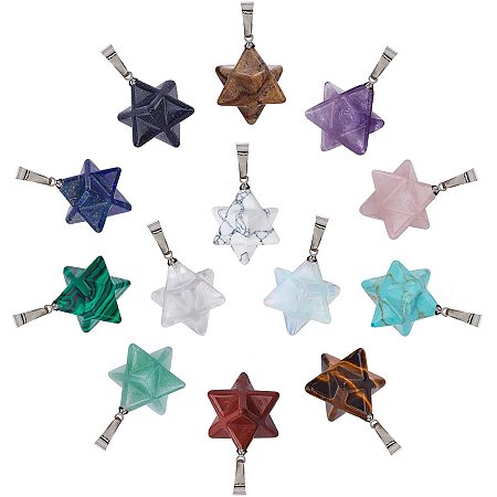 Arricraft 13 Pcs Merkaba Star Shape Mixed Stone Pendants, Gemstone Dangle Charms for Necklace Jewelry Making Hole: 5x7mm