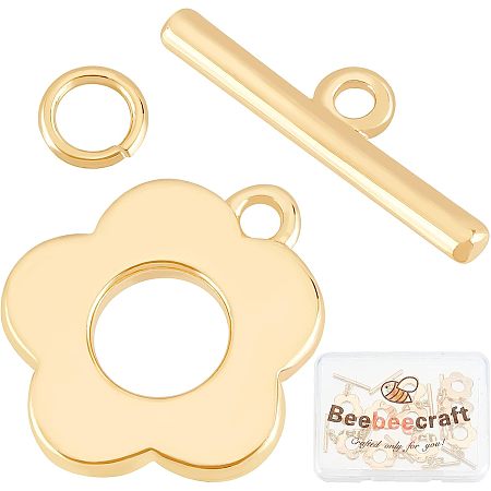 Beebeecraft 10 Sets 18K Gold Plated Toggle Jewelry Clasps Connectors Flower Toggle T Bar Clasps Sets for Necklace Bracelet Earring Making, 14.5x13mm