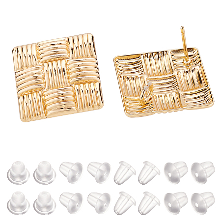 BENECREAT 20Pcs 18K Gold Plated Rhombus Brass Stud Earring Findings, Geometric Ear Stud Post with Imitation Woven Rattan Pattern for Dangle Earring Jewelry Making, 26x26mm/1x1 inch