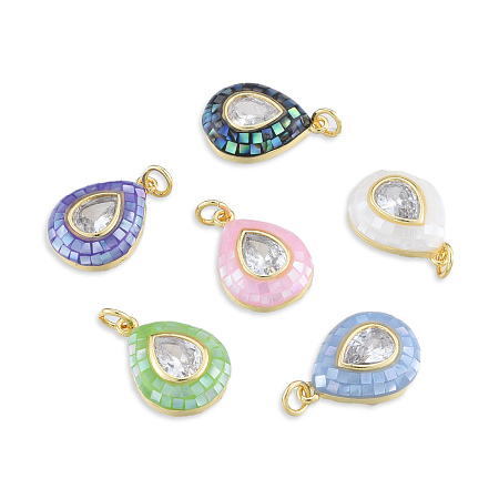 Brass Pave Clear Cubic Zirconia Pendants, with Jump Rings and Shell, Enamel, Real 18K Gold Plated, Nickel Free, Teardrop, Mixed Color, 19x13.5x4.5mm, Jump Ring: 5x1mm, 3mm inner diameter