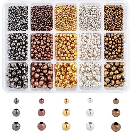 PandaHall Elite 2850pcs 5 Colors 3 Sizes Smooth Round Spacer Beads Tiny Metal Beads Spacers for Jewelry Making Supplies (2.4mm, 4mm, 6mm)