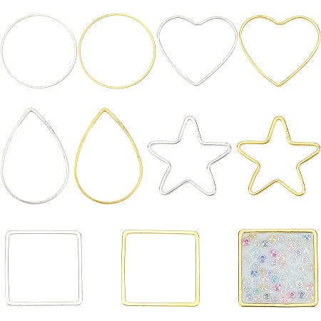 SUNNYCLUE 100Pcs 10 Style Brass Linking Rings Hoop Rings Square Star Heart Teardrop Round Linking Rings Connectors for Jewelry Making Hollow Resin Craft Frames Open Bezel Pendants Earrings Making