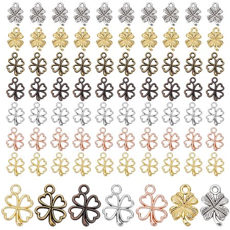 PandaHall Elite 140pcs Clover Charms, 7 Styles Four Leaf Lucky Clover Charms Metal Alloy Shamrock Lucky Charms Heart Leaf Pendants for St. Patrick's Day Christmas Necklace Bracelet Jewelry Making