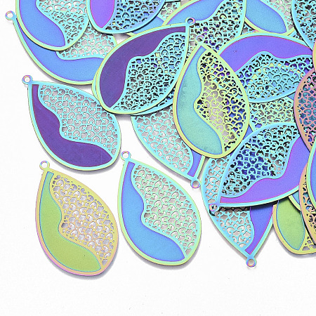 NBEADS 201 Stainless Steel Filigree Pendants, Etched Metal Embellishments, Teardrop, Multi-color, 45.5x26.5x0.3mm, Hole: 2mm