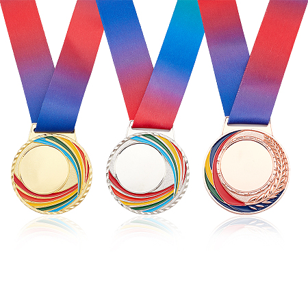 FINGERINSPIRE 3Pcs 3 Colors Alloy Enamel Medal, Rainbow Color Polyester Lanyard Medal, Mixed Color, 505mm, 1pc/color
