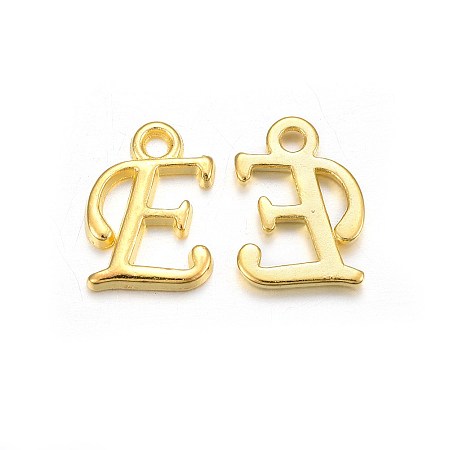 Honeyhandy Golden Plated Alloy Letter Pendants, Rack Plating, Cadmium Free & Lead Free, Letter.E, 13x10x2mm, Hole: 1.5mm
