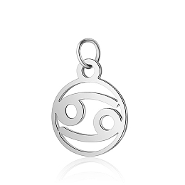 Honeyhandy 304 Stainless Steel Charms, with Jump Rings, Polished, Flat Round with Constellation, Cancer, 13x11x1mm, Hole: 2.5mm