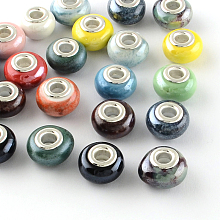 Arricraft Handmade Porcelain European Beads, with Silver Color Brass Double Cores, Rondelle, Mixed Color, 15x10~11mm, Hole: 5mm, 8colors, 5pcs/color, 40pcs/box