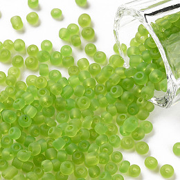 Honeyhandy Glass Seed Beads, Frosted Colors, Round, Green Yellow, 4mm, Hole: 1~1.5mm, about 1000pcs/100g