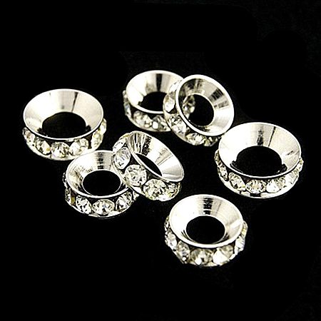 Pandahall Elite 100pcs Assort Size Crystal Rhinestone Spacer Beads Platinum Plated Brass Rondelle Spacer Beads for Jewelry Making