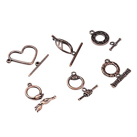 ARRICRAFT 30 Sets (6 Style, 5sets/Style) Red Copper Tibetan Style Alloy Toggle Clasp Sets Lead Free & Nickel Free