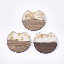 Honeyhandy Resin & Wood Pendants, with Gold Foil, Gap Flat Round, Gold, 33~34x37x3~4mm, Hole: 1.8~2mm