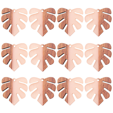 SUNNYCLUE Resin & Wood Pendants, Monstera Leaf Pendant, Pink, 30x28x3.5mm, Hole: 2mm, 12pcs/box