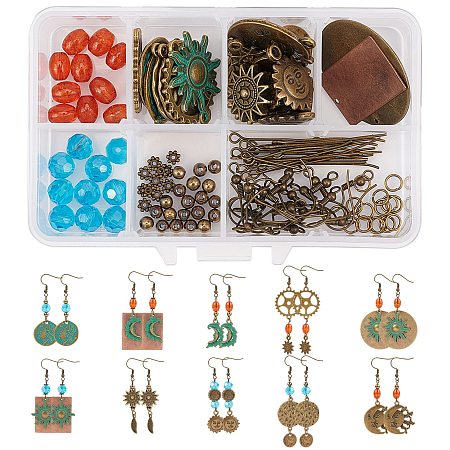 SUNNYCLUE DIY Sun & Moon Themed Earring Making Kits, include Alloy Pendants & Beads, Brass Linking Rings & Earring Hooks & Jump Ring, Iron Pins, Antique Bronze, 28x24x2mm, Hole: 2mm, 4pcs