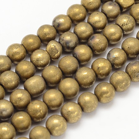 Arricraft Electroplated Natural Pyrite Bead Strands, Round, Golden Plated, 6mm in diameter, Hole: 1mm, about 68pcs/strand, 17.5 inches