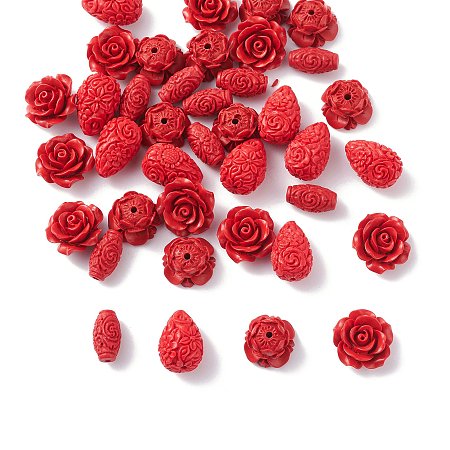 CHGCRAFT 40Pcs Cinnabar Carved Rose Beads Flower Lotus Cinnabar Beads Flower Carving Loose Beads for Jewelry Making