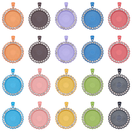 SUNNYCLUE Alloy Pendant Cabochon Settings, Plain Edge Bezel Cups, with Crystal Rhinestone, Flat Round, Mixed Color, Tray: 25mm; 43x34x3mm, Hole: 4.5x6.5mm; 10 Colors, 2pcs/color, 20pcs/set