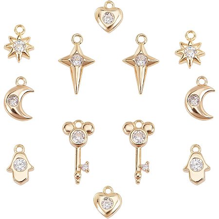 SUNNYCLUE Brass Micro Pave Cubic Zirconia Charms, Nickel Free, Real 18K Gold Plated, Moon & Star & Key & Heart & Hamsa Hand, Clear, Pendants: 12pcs/box