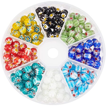OLYCRAFT Handmade Millefiori Lampwork Beads, Round, Mixed Color, 8mm, Hole: 1.2mm; 8 colors, 30pcs/color, 240pcs/box