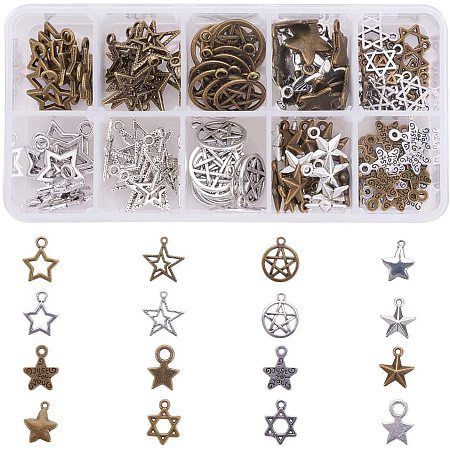 Arricraft 160pcs 8 Shapes Star Charms Pendants Double Star Hollow Star Star of David Charms for DIY Necklace Bracelet Jewelry Making (Antique Bronze & Antique Silver)