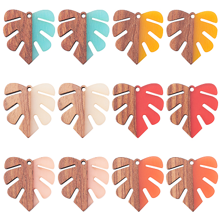 SUNNYCLUE Resin & Wood Pendants, Monstera Leaf Pendant, Mixed Color, 30x28x3.5mm, Hole: 2mm; 6 colors, 2pcs/color, 12pcs/box