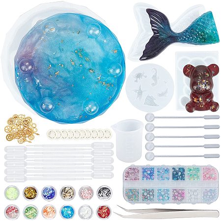 Olycraft DIY Kit, with 304 Stainless Steel Tweezers, Latex Finger Cots, Plastic Stirring Rod & Pipettes, Silicone Molds, ABS Plastic Imitation Pearl Cabochons, Sequins, Mixed Color