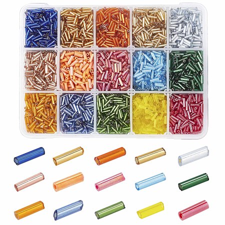 SUNNYCLUE Glass Bugle Beads, Round Hole, Tube, Mixed Color, 6~7x1.5~2mm, Hole: 0.5mm; 15 Colors, about 450~500pcs/color, 6750~7500pcs/box