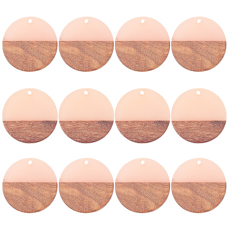 SUNNYCLUE Transparent Resin & Walnut Wood Pendants, Waxed, Flat Round, Light Coral, 28.5x3.5~4mm, Hole: 1.5mm, 12pcs/box