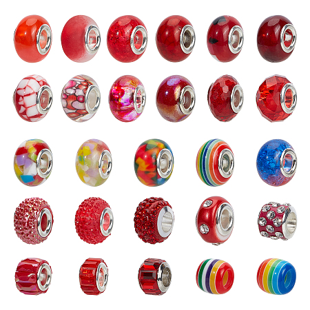 NBEADS Acrylic & Resin & Polymer Clay Rhinestone European Beads, Large Hole Beads, with Silver Color Core, Rondelle, Mixed Color, Beads: 13.5~14x8~10mm, Hole: 5mm, 54pcs/bag, 1bag/box