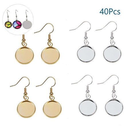 PandaHall Elite 40 Pcs Brass Earring Wire Hooks with 14mm Flat Round Cabochon Settings for Jewelry Making 2 Colors