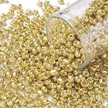 Honeyhandy 8/0 Glass Seed Beads, Metallic Colours Style, Round, Gold, 8/0, 3mm, Hole: 1mm, about 1111pcs/50g