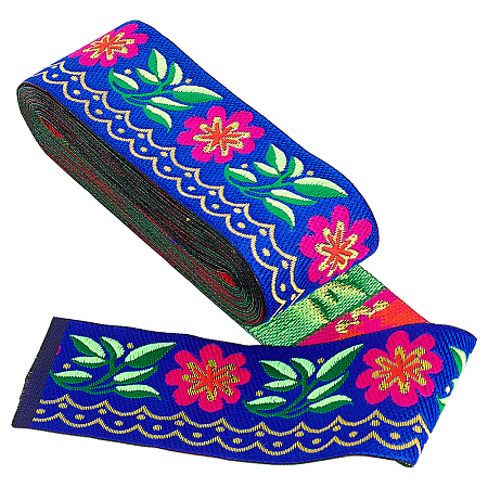 Gorgecraft Embroidery Polyester Ribbons, Jacquard Ribbon, Garment Accessories, Floral Pattern, Dark Blue, 51mm; about 7m/bundle