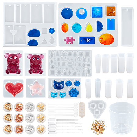 Olycraft DIY Pendant Making, with Silicone Molds, Tinfoil, Iron Screw Eye Pins, Plastic Measuring Cup & Stirring Rod & Pipettes, Latex Finger Cots, Mixed Color, 147~153x114~123x8~8.5mm