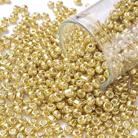 Honeyhandy 8/0 Glass Seed Beads, Metallic Colours Style, Round, Gold, 8/0, 3mm, Hole: 1mm, about 1111pcs/50g