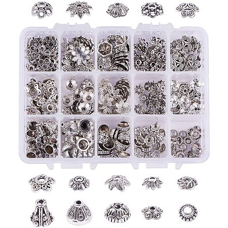 PandaHall Elite About 300 Pcs Tibetan Style Alloy Flower Bead Caps 15 Styles Jewelry Making Antique Silver