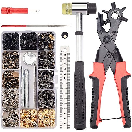 DIY Craft Tools Kits, with Brass Snap Fastener Tools Sets and Leather Hole Punch Tool Sets, Installable Two Way Rubber Hammers, Mixed Color, Box: 17.6x6x2.2cm