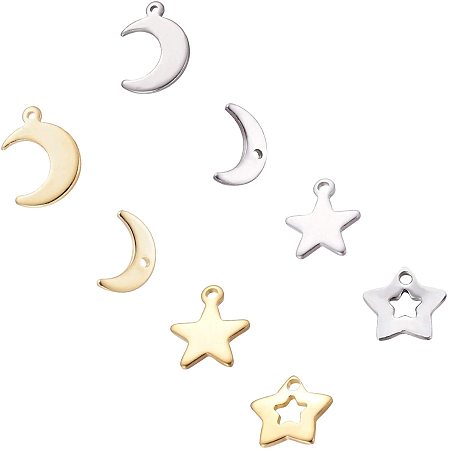 Unicraftale 304 Stainless Steel Charms, Star and Moon, Golden & Stainless Steel Color, 7~16x9.5~11x1mm, Hole: 1.4~1.6mm; 80pcs/box