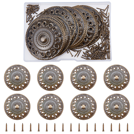 Iron Box Corner Protectors, with Screws, For Furniture Jewelry Box Decoration, Flat Round, Antique Bronze, Flat Round: 51.7x1.3mm, Hole: 2.6mm and 1.4mm; Screw1: 14x5.5mm, 1pc; Screw2: 16x2.5mm, 1pc; Screw3: 10.5x2.3mm, 20sets/box