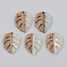 Honeyhandy Transparent Resin & Walnut Wood Pendants, with Glitter Paillettes, Leaf, Clear, 37x28x3mm, Hole: 2mm