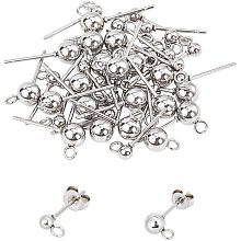 Unicraftale 202 Stainless Steel Ball Stud Earring Findings, with 304 Stainless Steel Pins and Loop, Round, with 304 Stainless Steel Ear Nuts, Stainless Steel Color, 6.8x5.2x1.1cm; 80pcs/box