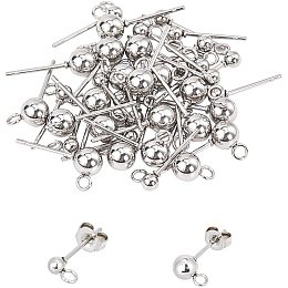 Unicraftale 202 Stainless Steel Ball Stud Earring Findings, with 304 Stainless Steel Pins and Loop, Round, with 304 Stainless Steel Ear Nuts, Stainless Steel Color, 6.8x5.2x1.1cm; 80pcs/box