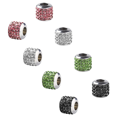 UNICRAFTALE 304 Stainless Steel European Beads, with Grade A Rhinestone, Large Hole Beads, Barrel, Mixed Color, 10x9.5mm, Hole: 5mm; 8pcs/box