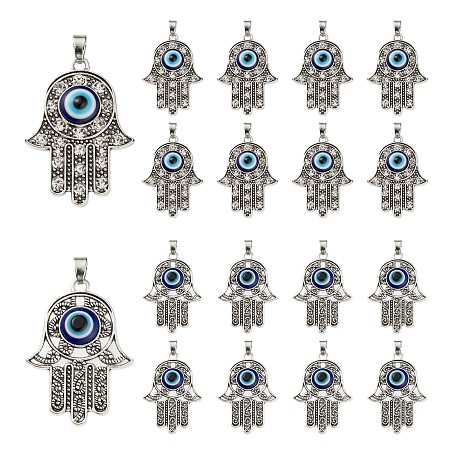 Arricraft 12Pcs 2 Style Alloy Pendants, with Rhinestone and Lampwork Cabochons, Hamsa Hand/Hand of Miriam with Evil Eye, Antique Silver, 41~41.5x29x5.5~6mm, Hole: 5~6x4.5~6mm, 6pcs/style