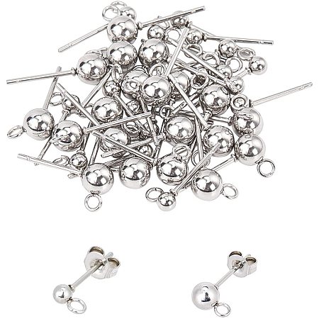Unicraftale 202 Stainless Steel Ball Stud Earring Findings, with 304 Stainless Steel Pins and Loop, Round, with 304 Stainless Steel Ear Nuts, Stainless Steel Color, 6.8x5.2x1.1cm; 80pcs/box