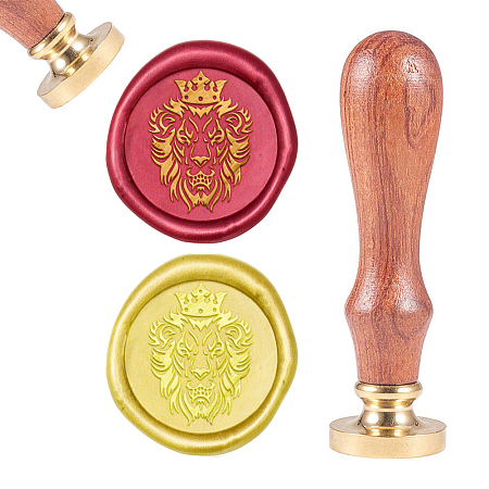 CRASPIRE Brass Wax Seal Stamp, with Natural Rosewood Handle, for DIY Scrapbooking, Golden, Lion Pattern, Stamp: 25mm, Handle: 83x22mm; Head: 7.5mm
