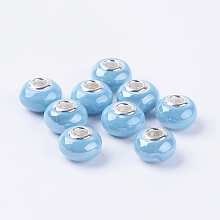 Honeyhandy Handmade Porcelain European Beads, with Silver Color Brass Double Cores, Rondelle, Sky Blue, 15x10~11mm, Hole: 5mm